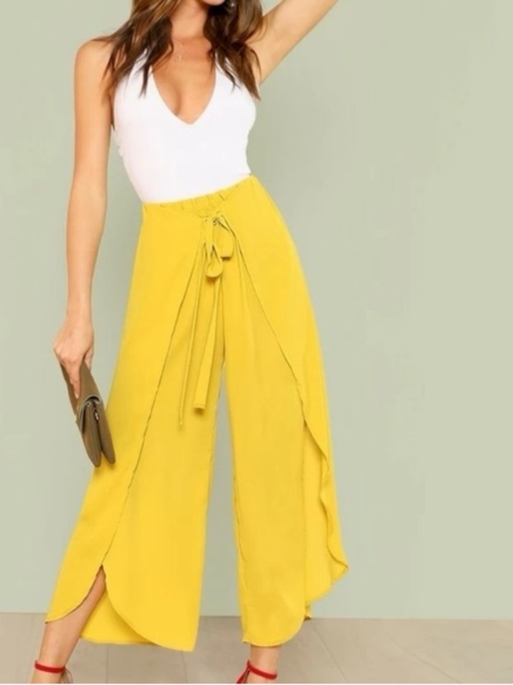 Resort Tie Mustard Yellow Tie-Waist Wide Leg Wrap Pants